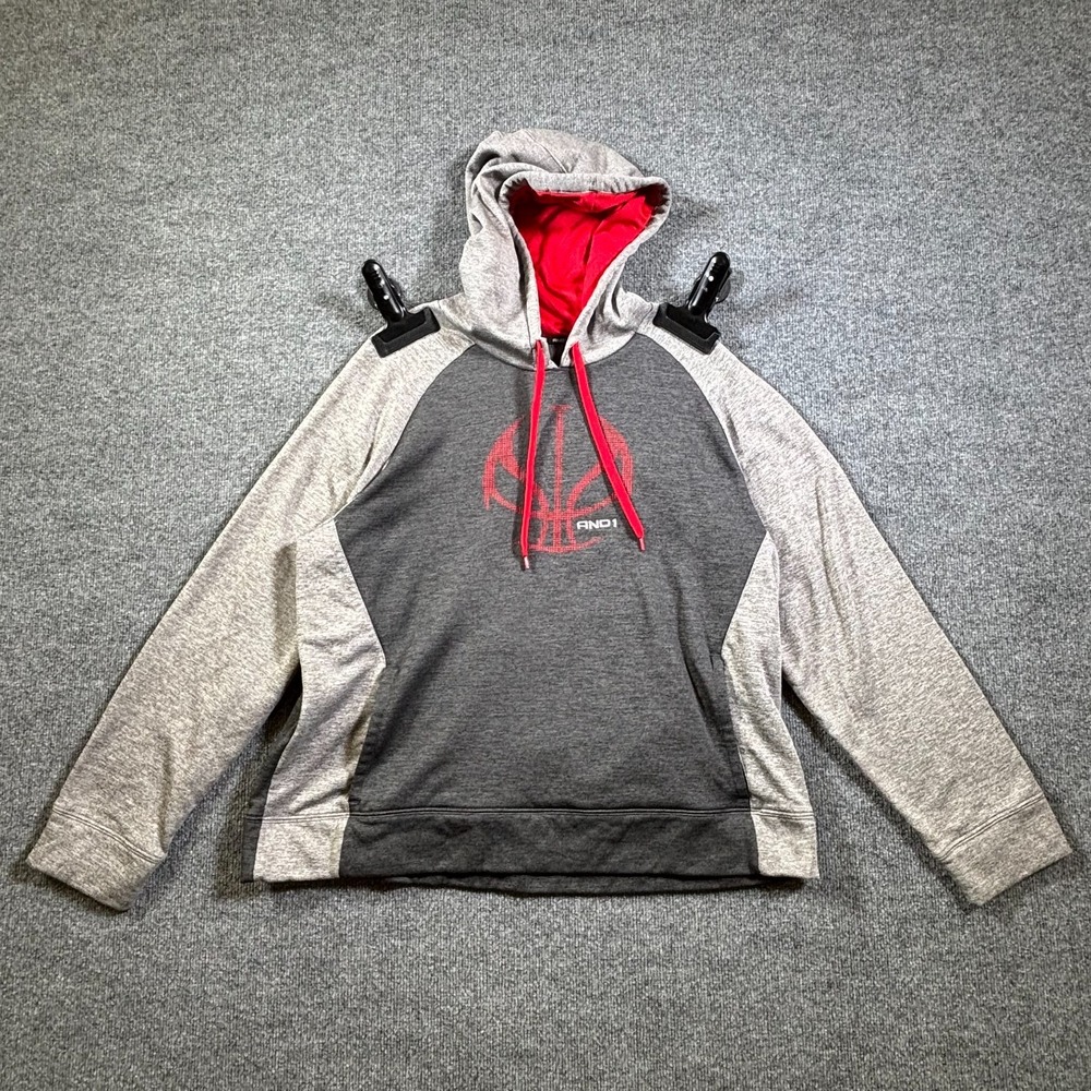 Vintage AND1 Hoodie Men 2XL Gray Polyester Fleece-Lined Colorblock Raglan Sleeve